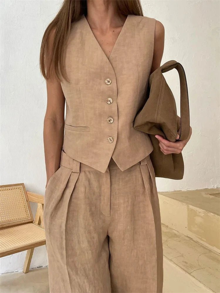 Women's Sleeveless Linen Waistcoat Wide-Leg Trouser Set