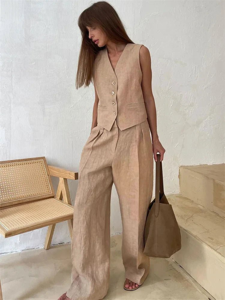 Women's Sleeveless Linen Waistcoat Wide-Leg Trouser Set
