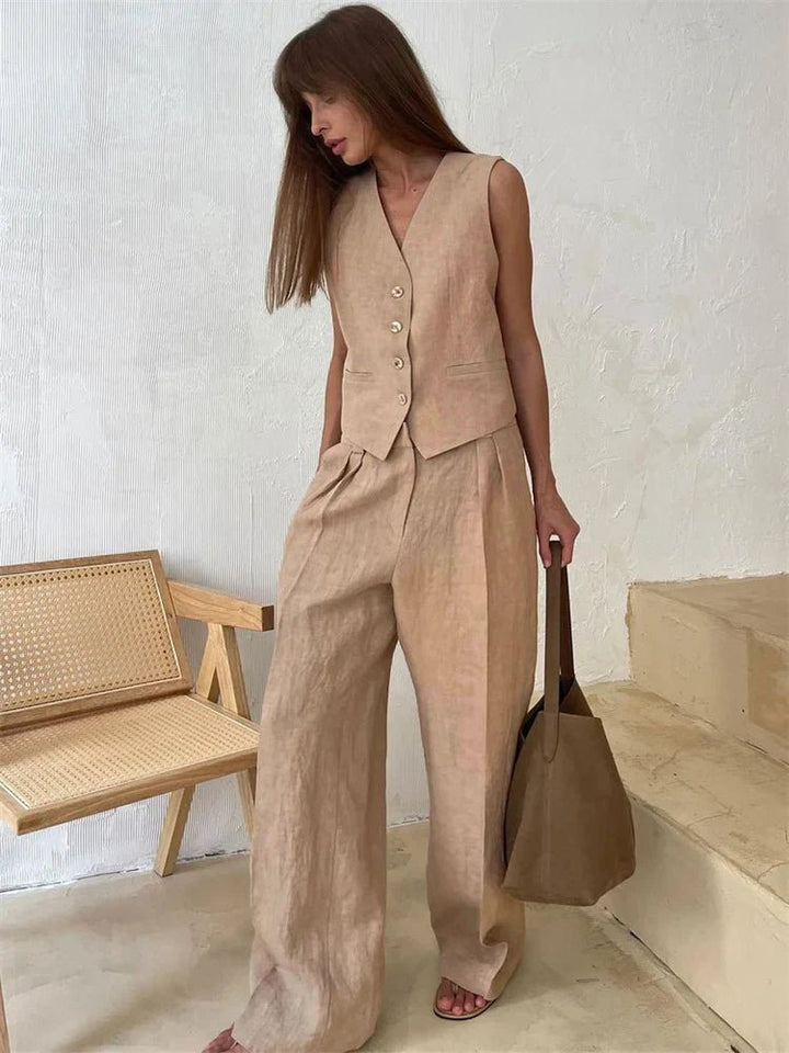 Women's Sleeveless Linen Waistcoat Wide-Leg Trouser Set