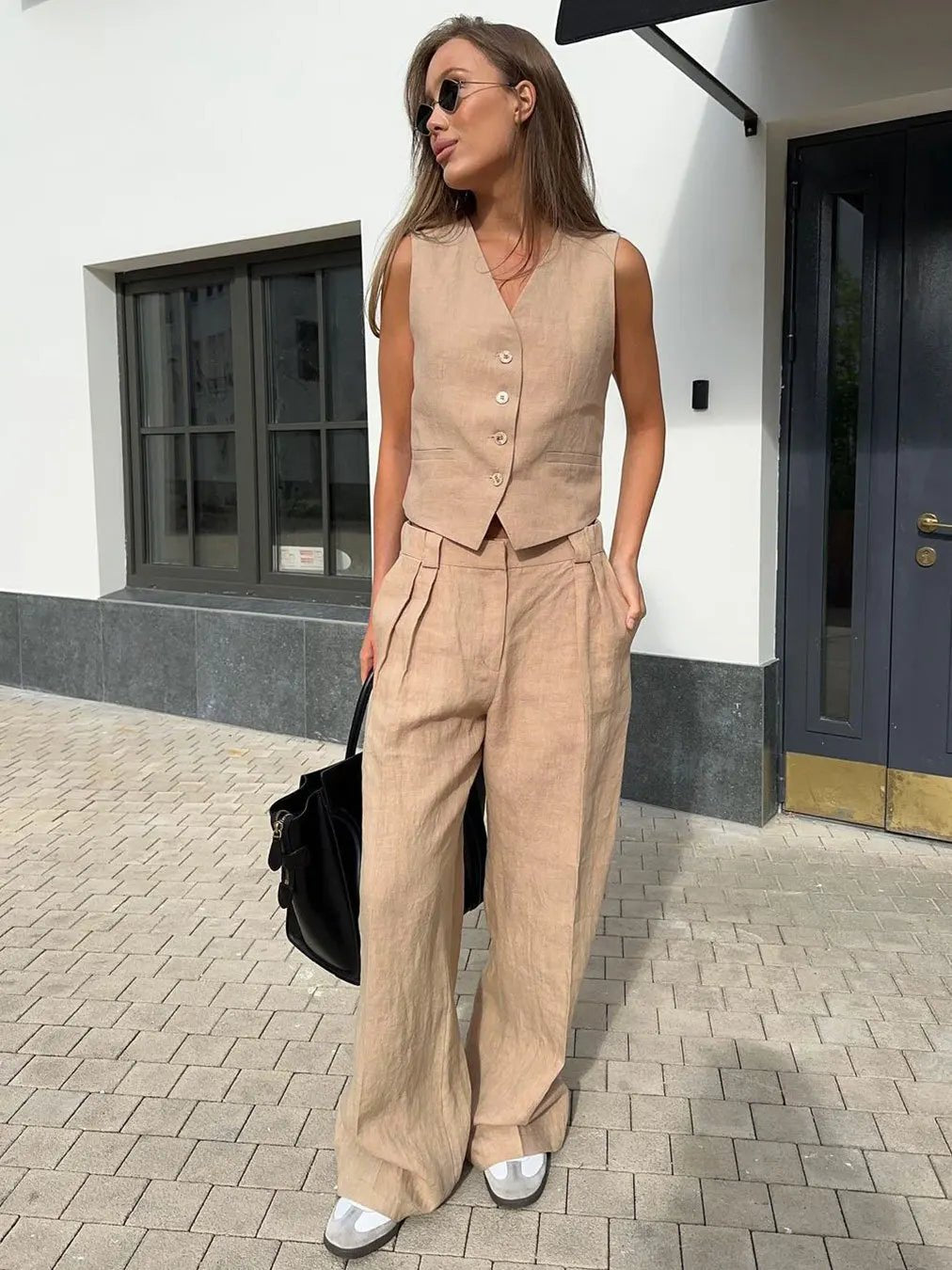 Women's Sleeveless Linen Waistcoat Wide-Leg Trouser Set
