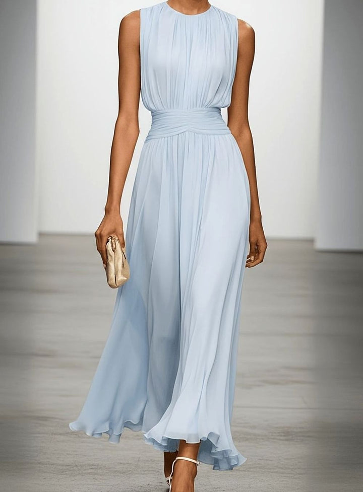 Women's Sleeveless Pleated Maxi Wedding Guest Dress Ruched Waist - Light Blue