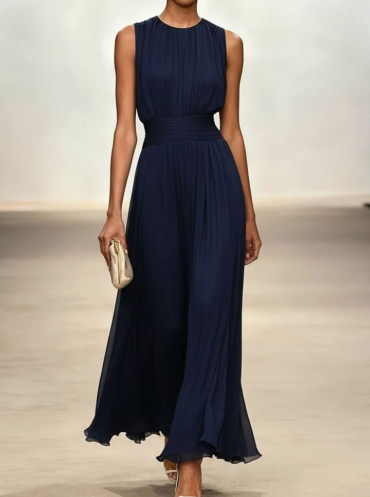 Women's Sleeveless Pleated Maxi Wedding Guest Dress Ruched Waist - Dark Blue