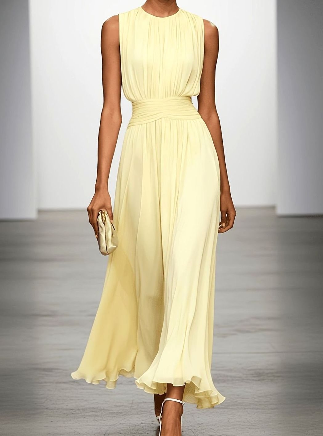 Women's Sleeveless Pleated Maxi Wedding Guest Dress Ruched Waist - Yellow