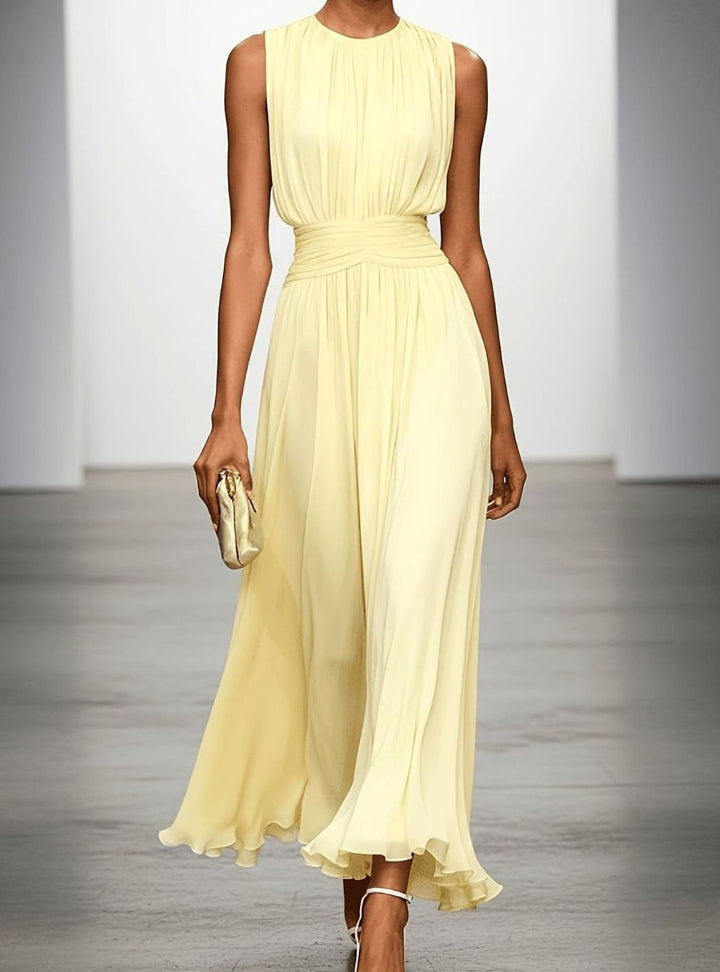 Women's Sleeveless Pleated Maxi Wedding Guest Dress Ruched Waist - Yellow