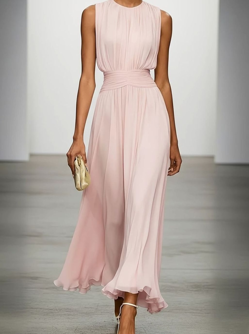 Women's Sleeveless Pleated Maxi Wedding Guest Dress Ruched Waist - Pink