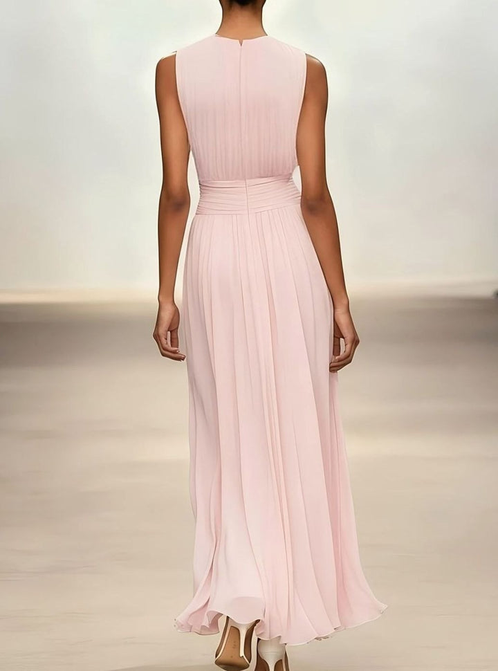 Women's Sleeveless Pleated Maxi Wedding Guest Dress Ruched Waist