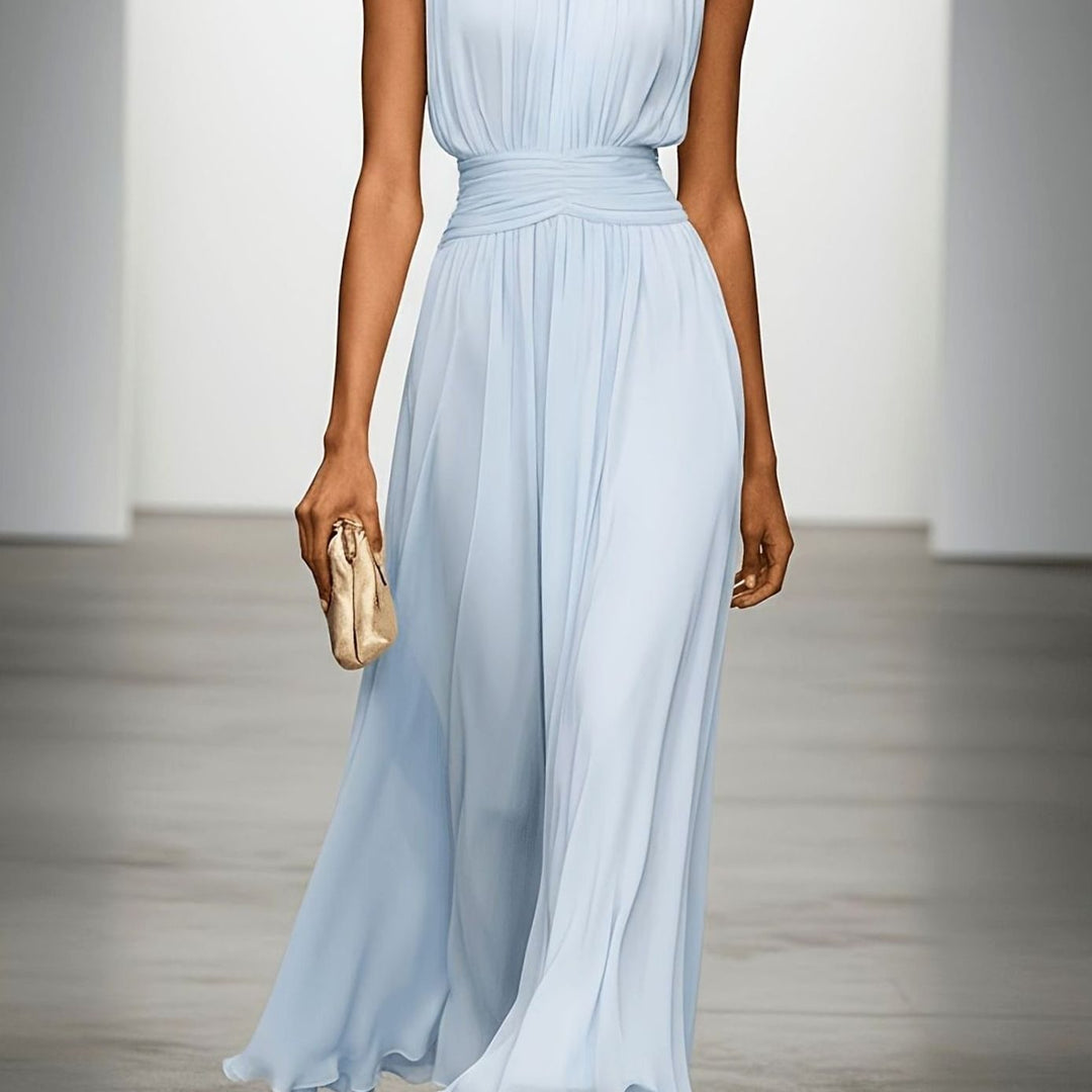 Women's Sleeveless Pleated Maxi Wedding Guest Dress Ruched Waist