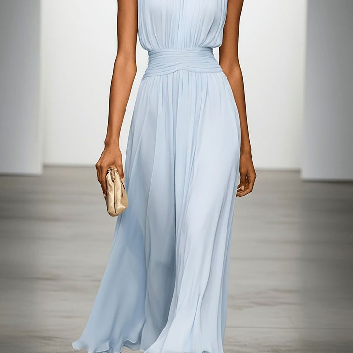Women's Sleeveless Pleated Maxi Wedding Guest Dress Ruched Waist
