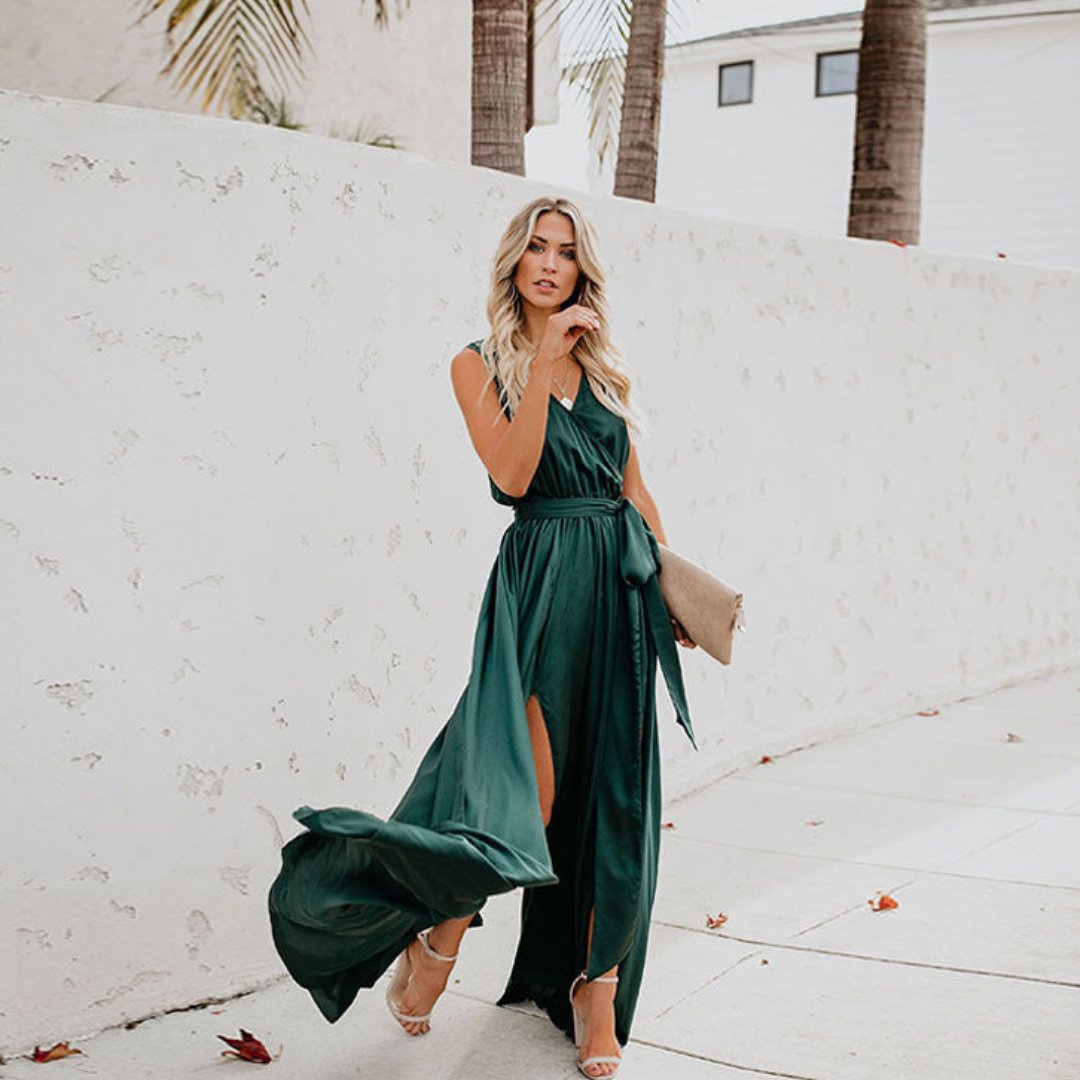 Women's Sleeveless Side-Split Tie-Waist Maxi Dress - Groen