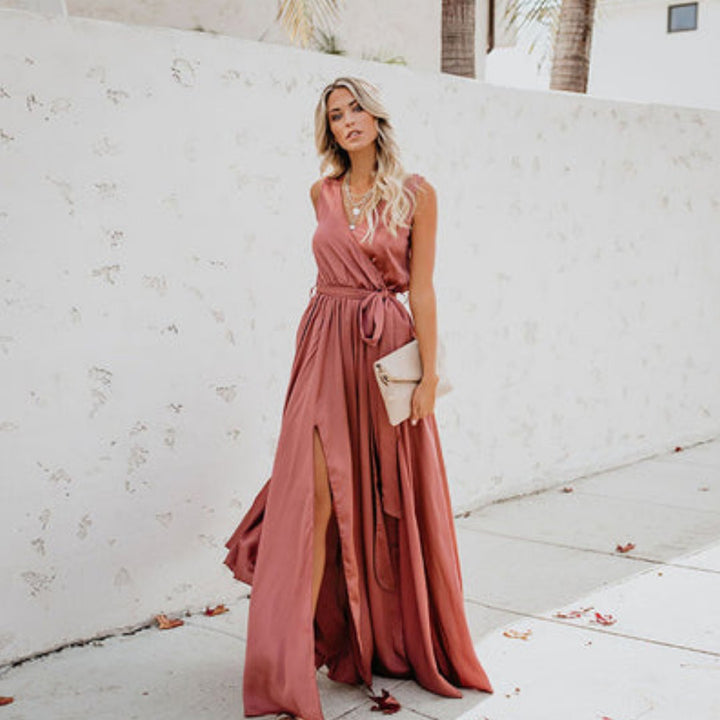 Women's Sleeveless Side-Split Tie-Waist Maxi Dress - Roze