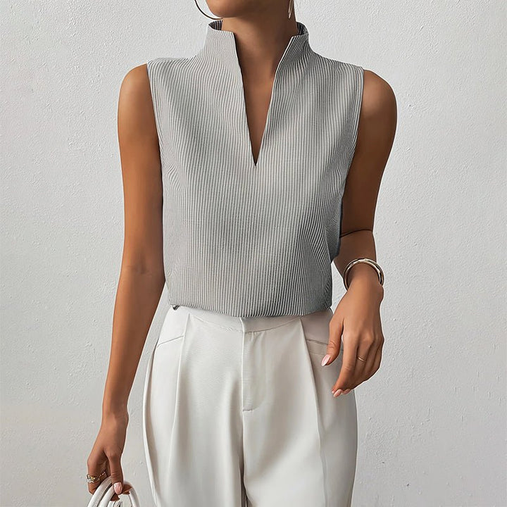 Women's Sleeveless Striped Stand-Collar V-Neck Blouse - Gray