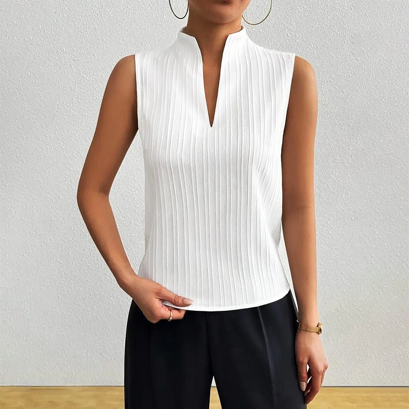 Women's Sleeveless Striped Stand-Collar V-Neck Blouse - White