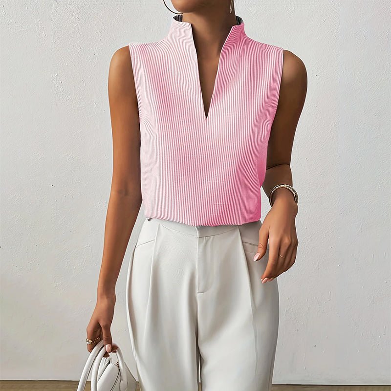 Women's Sleeveless Striped Stand-Collar V-Neck Blouse - Pink