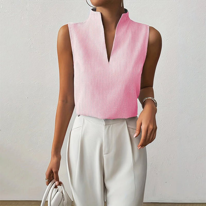 Women's Sleeveless Striped Stand-Collar V-Neck Blouse - Pink