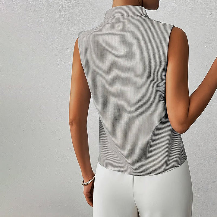 Women's Sleeveless Striped Stand-Collar V-Neck Blouse