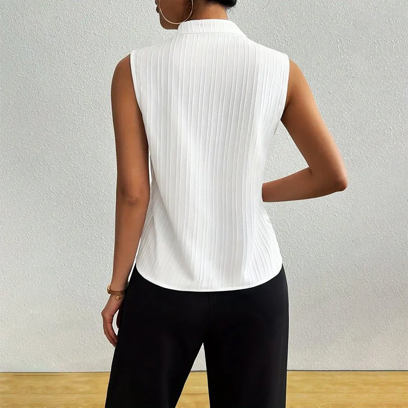Women's Sleeveless Striped Stand-Collar V-Neck Blouse