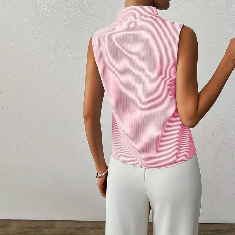 Women's Sleeveless Striped Stand-Collar V-Neck Blouse
