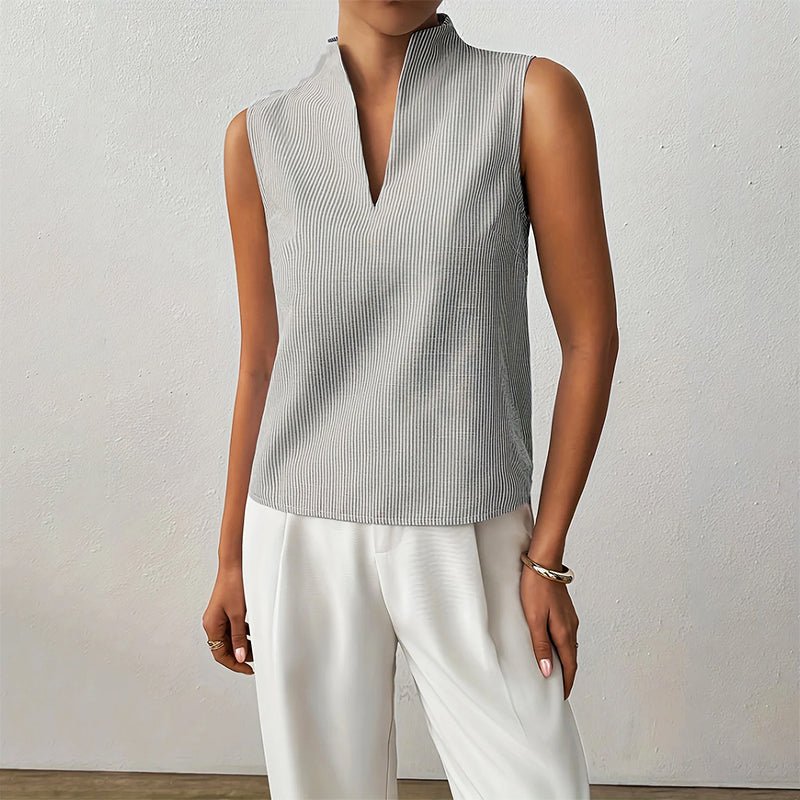 Women's Sleeveless Striped Stand-Collar V-Neck Blouse
