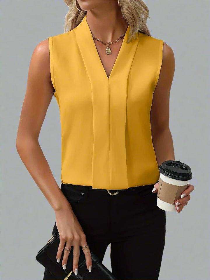 Women's Sleeveless V-Neck Blouse Stand Collar Pleated - Yellow