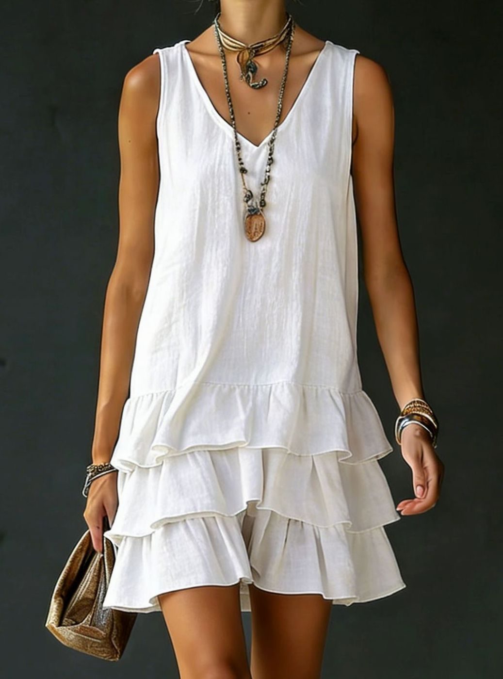 Women's Sleeveless V-Neck Tiered Ruffle Mini Dress - White