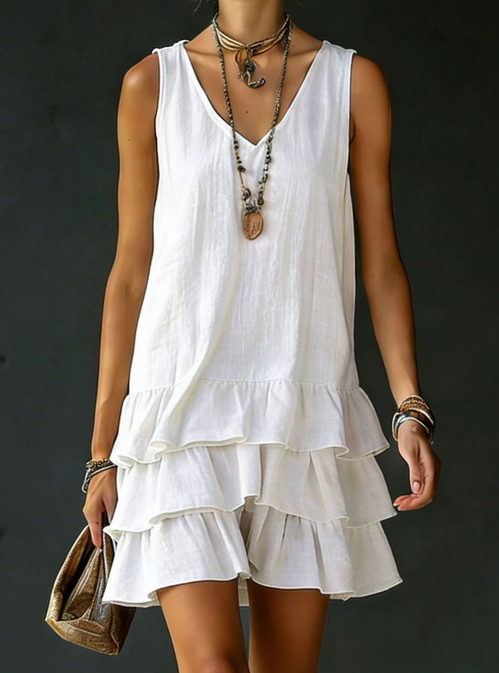 Women's Sleeveless V-Neck Tiered Ruffle Mini Dress - White