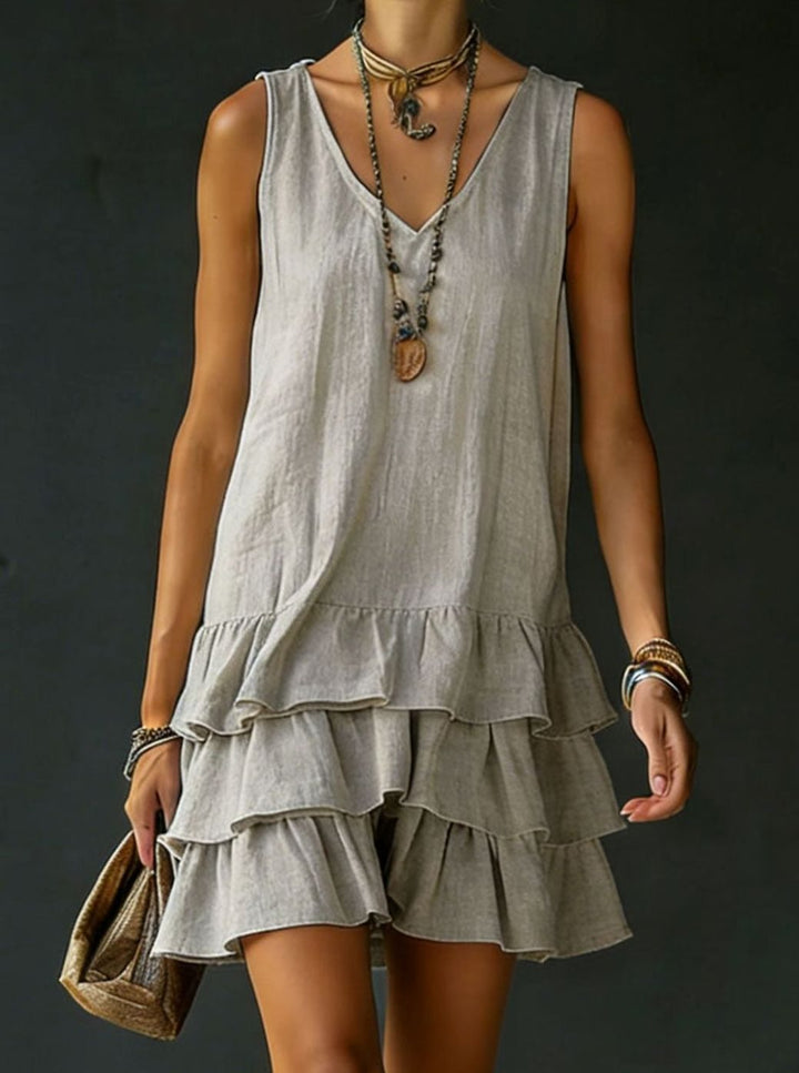 Women's Sleeveless V-Neck Tiered Ruffle Mini Dress - Grey