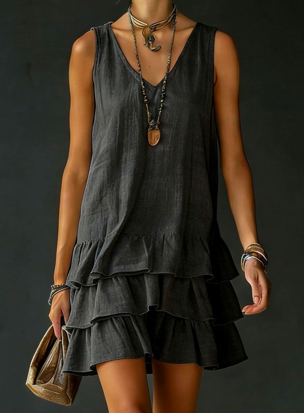 Women's Sleeveless V-Neck Tiered Ruffle Mini Dress - Black