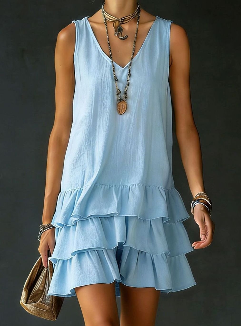 Women's Sleeveless V-Neck Tiered Ruffle Mini Dress - Blue
