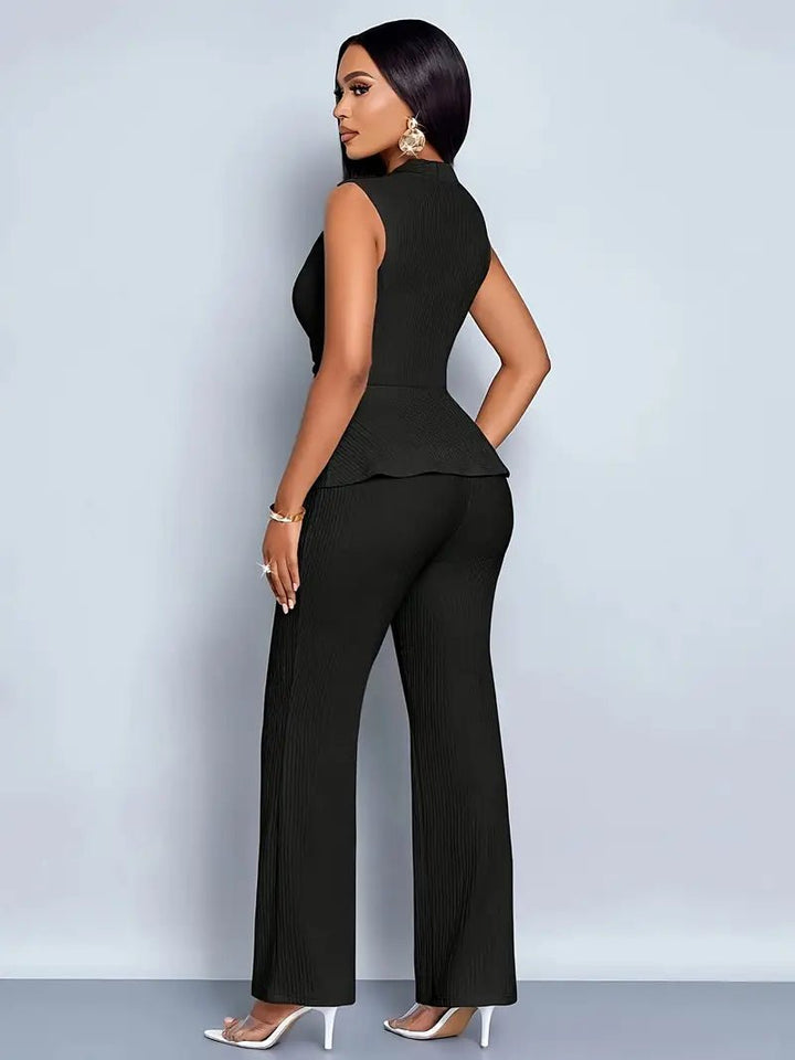 Women's Sleeveless Wrap Peplum Top Flared Trousers Two-Piece Set