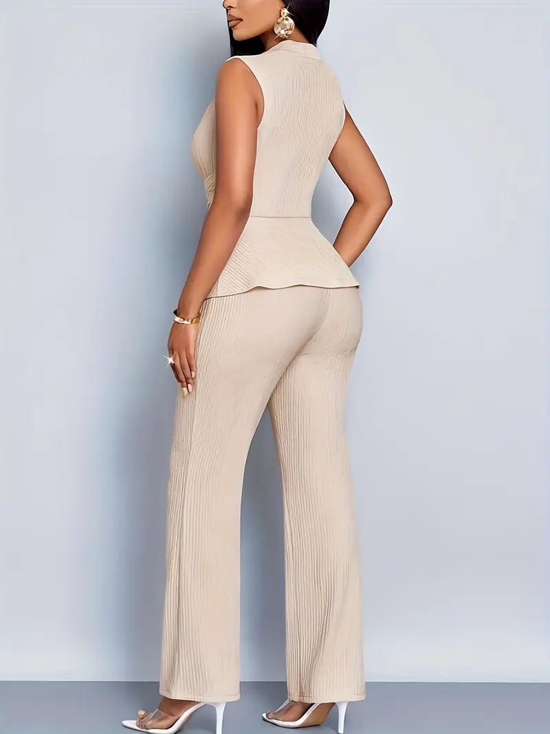 Women's Sleeveless Wrap Peplum Top Flared Trousers Two-Piece Set