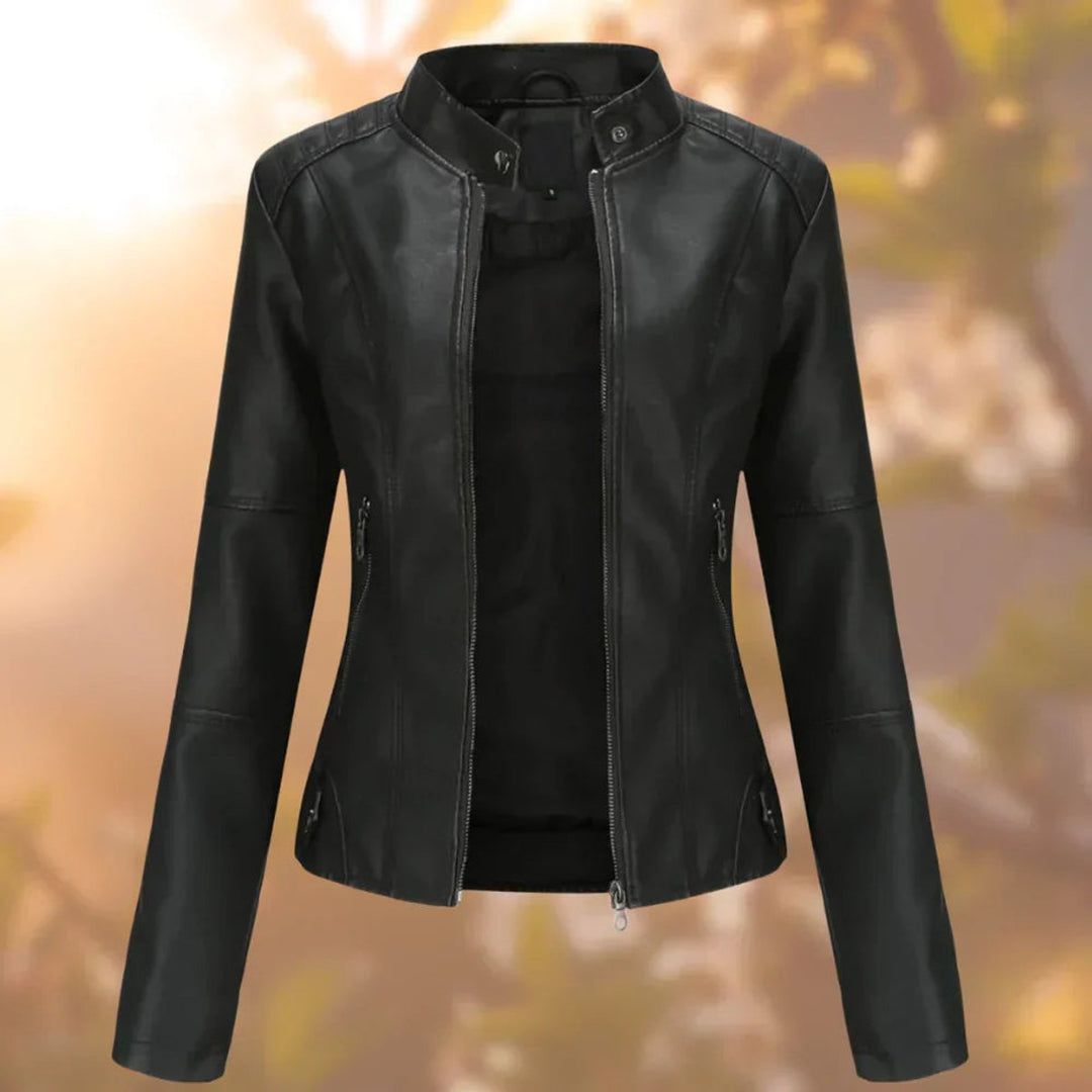 Women's Slim-Fit Zip-Up Faux Leather Jacket - Black