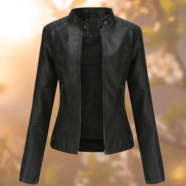 Women's Slim-Fit Zip-Up Faux Leather Jacket - Black