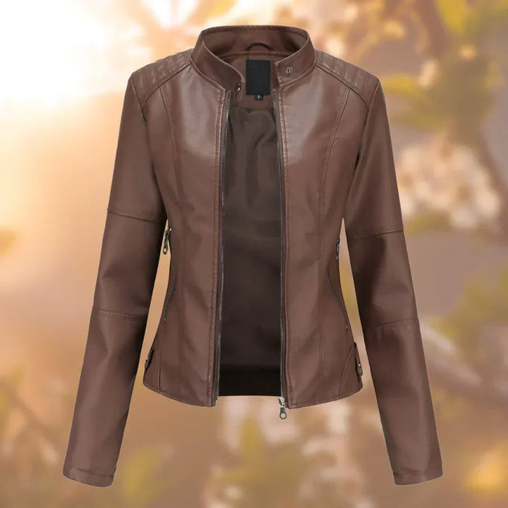Women's Slim-Fit Zip-Up Faux Leather Jacket - Dark Brown