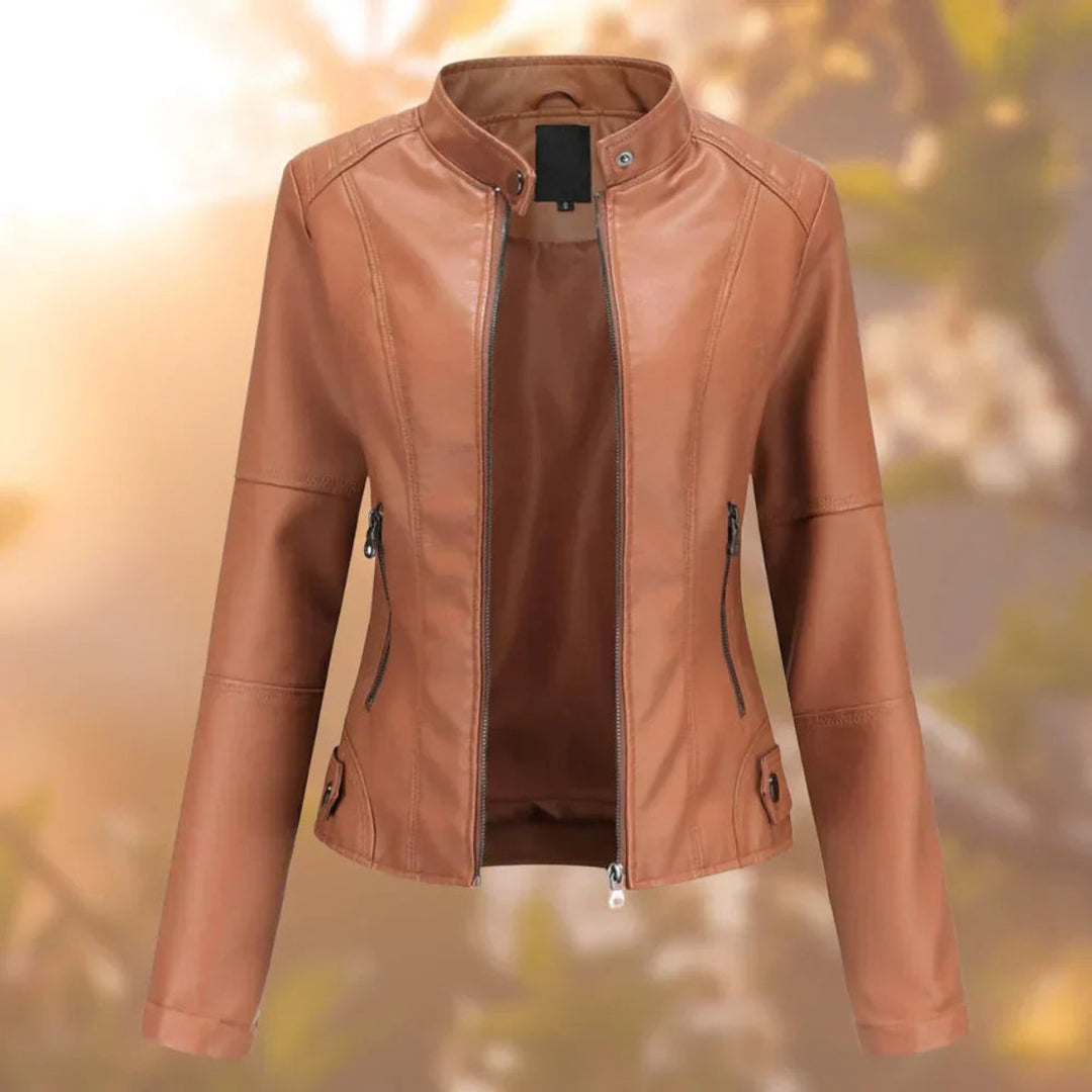 Women's Slim-Fit Zip-Up Faux Leather Jacket - Brown