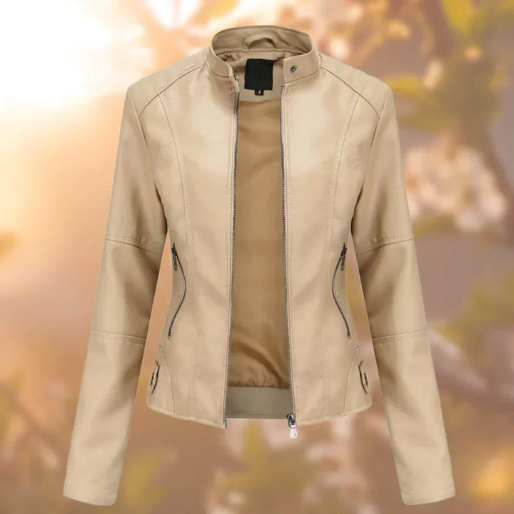 Women's Slim-Fit Zip-Up Faux Leather Jacket - Beige