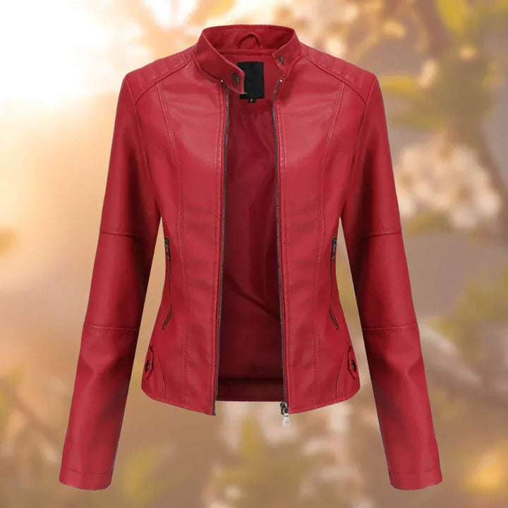 Women's Slim-Fit Zip-Up Faux Leather Jacket - Red