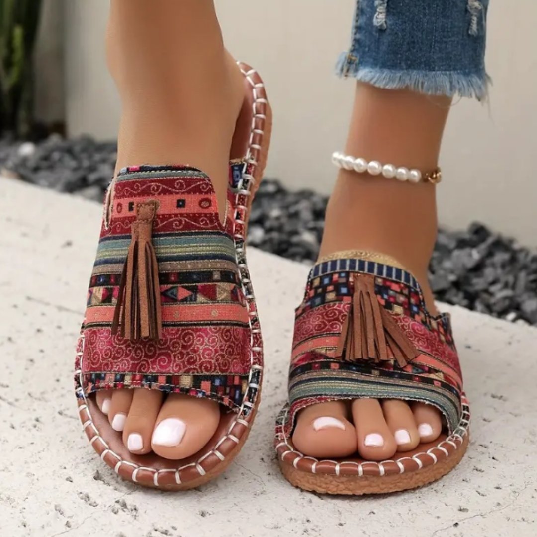Women's Slip-On Sandals Open Toe Tassel Detail Flat - Red