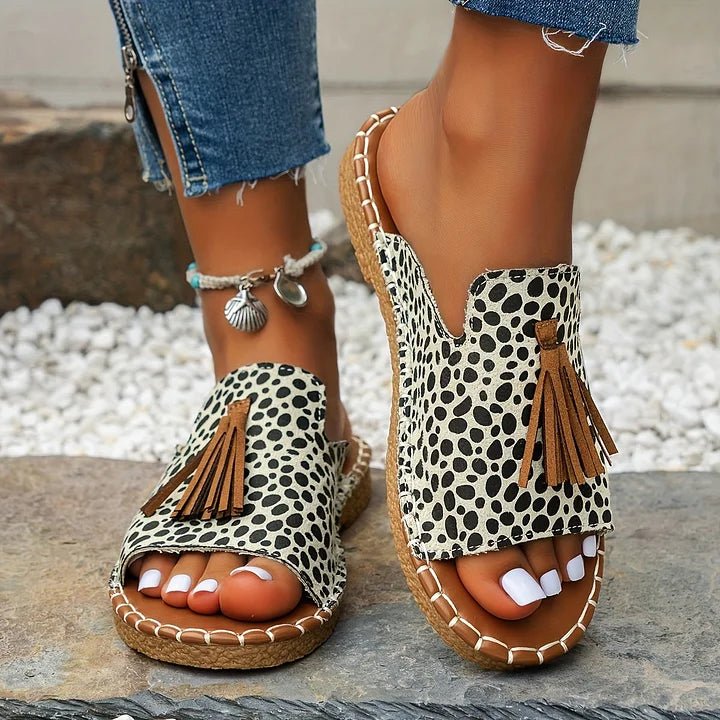 Women's Slip-On Sandals Open Toe Tassel Detail Flat - Black & White