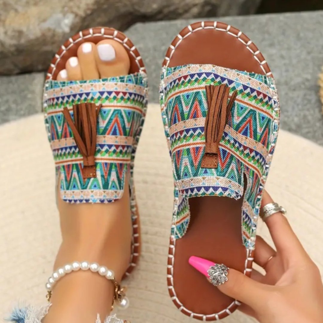 Women's Slip-On Sandals Open Toe Tassel Detail Flat - Green & Blue
