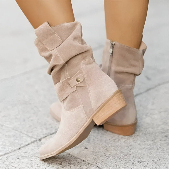 Women's Slouchy Suede Mid-Calf Knee High Boots Block Heel - Beige