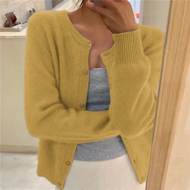 Women's Soft Knit Button-Front Round Neck Cardigan - Yellow