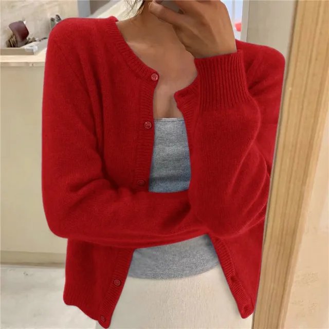 Women's Soft Knit Button-Front Round Neck Cardigan - Red