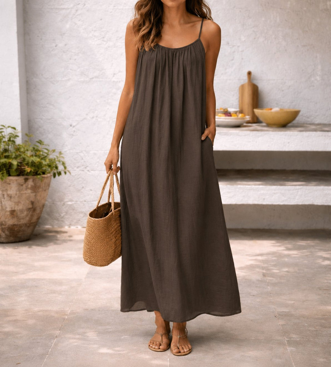 Women's Spaghetti Strap Loose-Fit Linen Maxi Dress Pockets - Braun