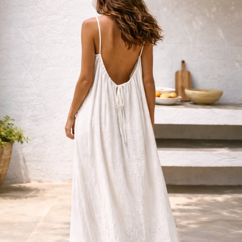 Women's Spaghetti Strap Loose-Fit Linen Maxi Dress Pockets - Weiß