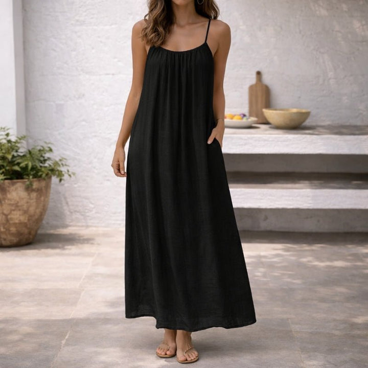 Women's Spaghetti Strap Loose-Fit Linen Maxi Dress Pockets