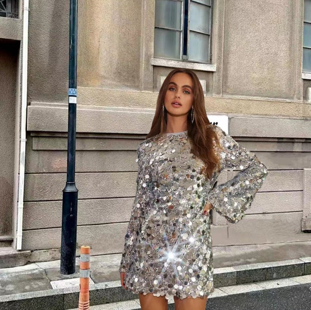 Women's Sparkling Sequin Long Sleeve Mini Cocktail Dress