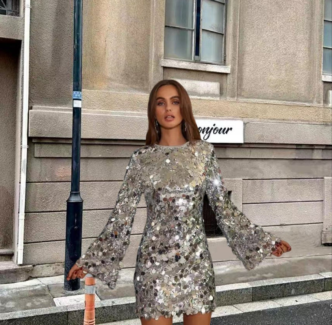 Women's Sparkling Sequin Long Sleeve Mini Cocktail Dress - Silver