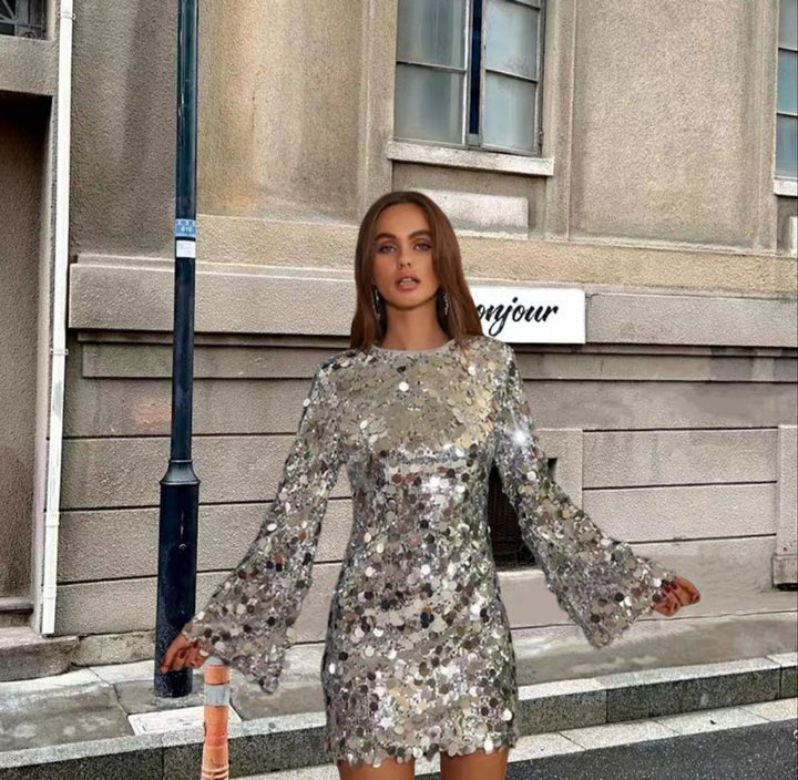 Women's Sparkling Sequin Long Sleeve Mini Cocktail Dress - Silver