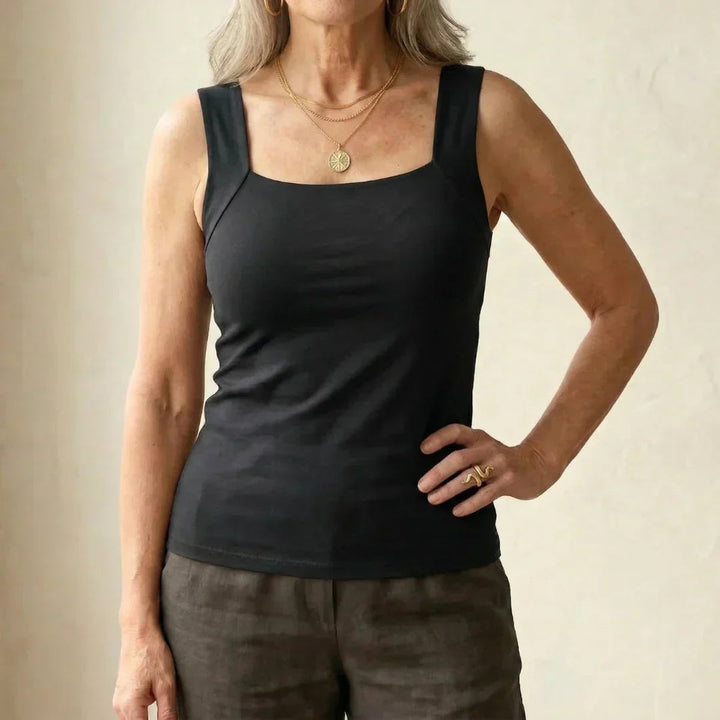 Women's Square-Neck Built-In Bra Sleeveless Tank Top - Black