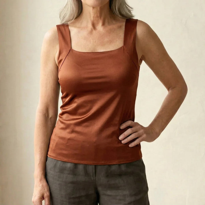 Women's Square-Neck Built-In Bra Sleeveless Tank Top - Coffee